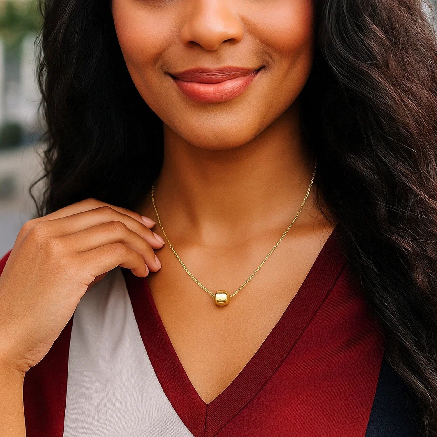 14k Yellow Gold Necklace with Shiny Barrel Bead Charm