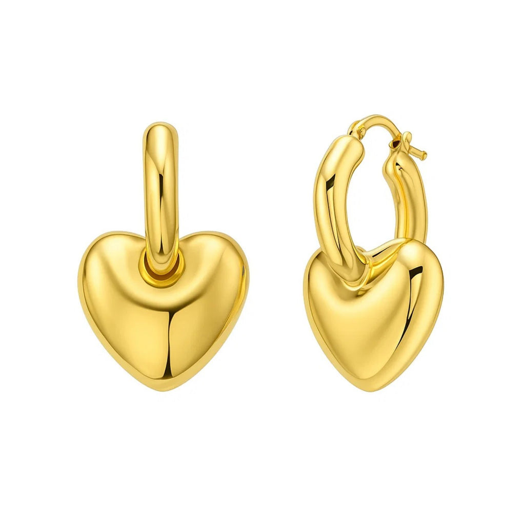14K Yellow Gold Puffy Heart Dangle Huggie Hoops Earrings
