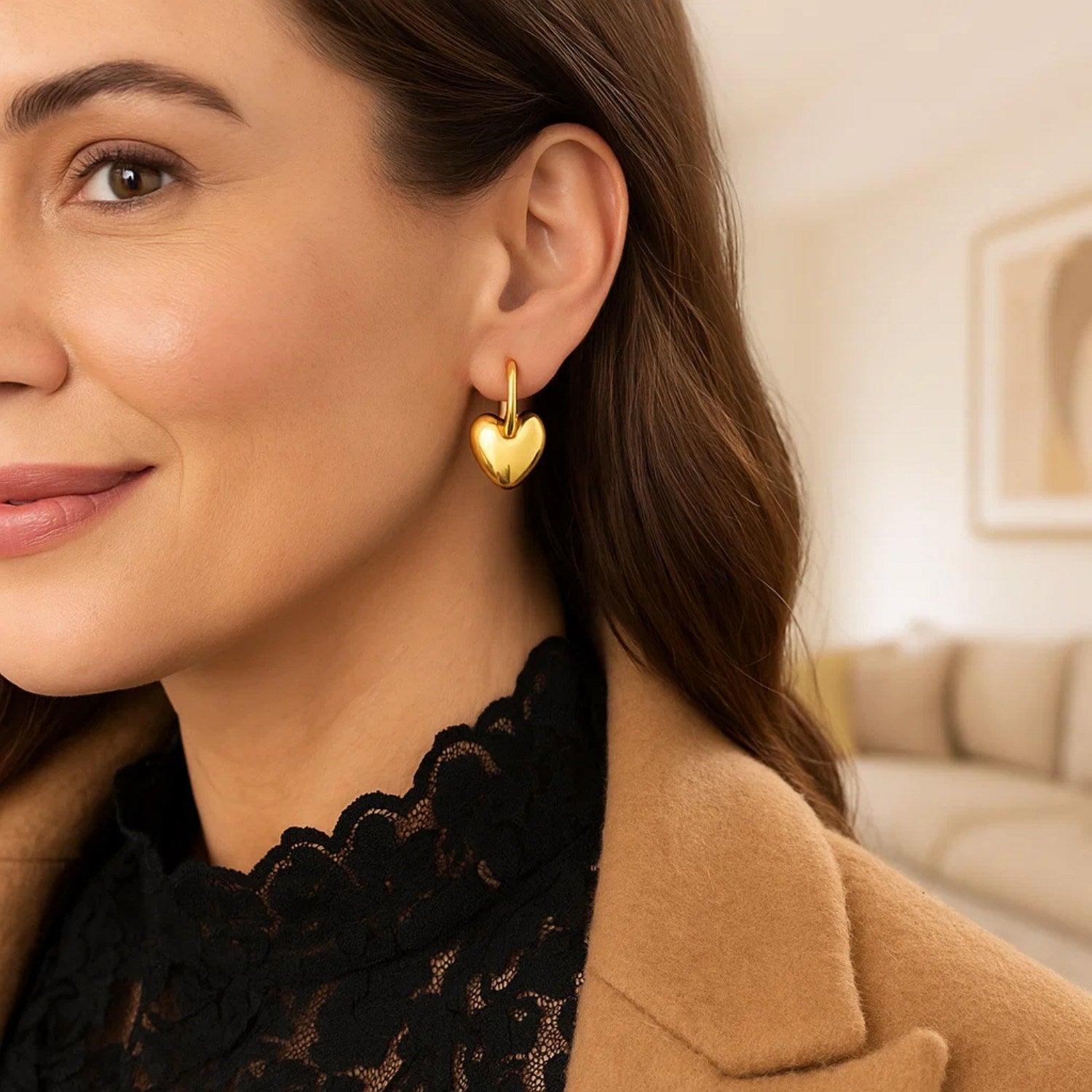 14K Yellow Gold Puffy Heart Dangle Huggie Hoops Earrings