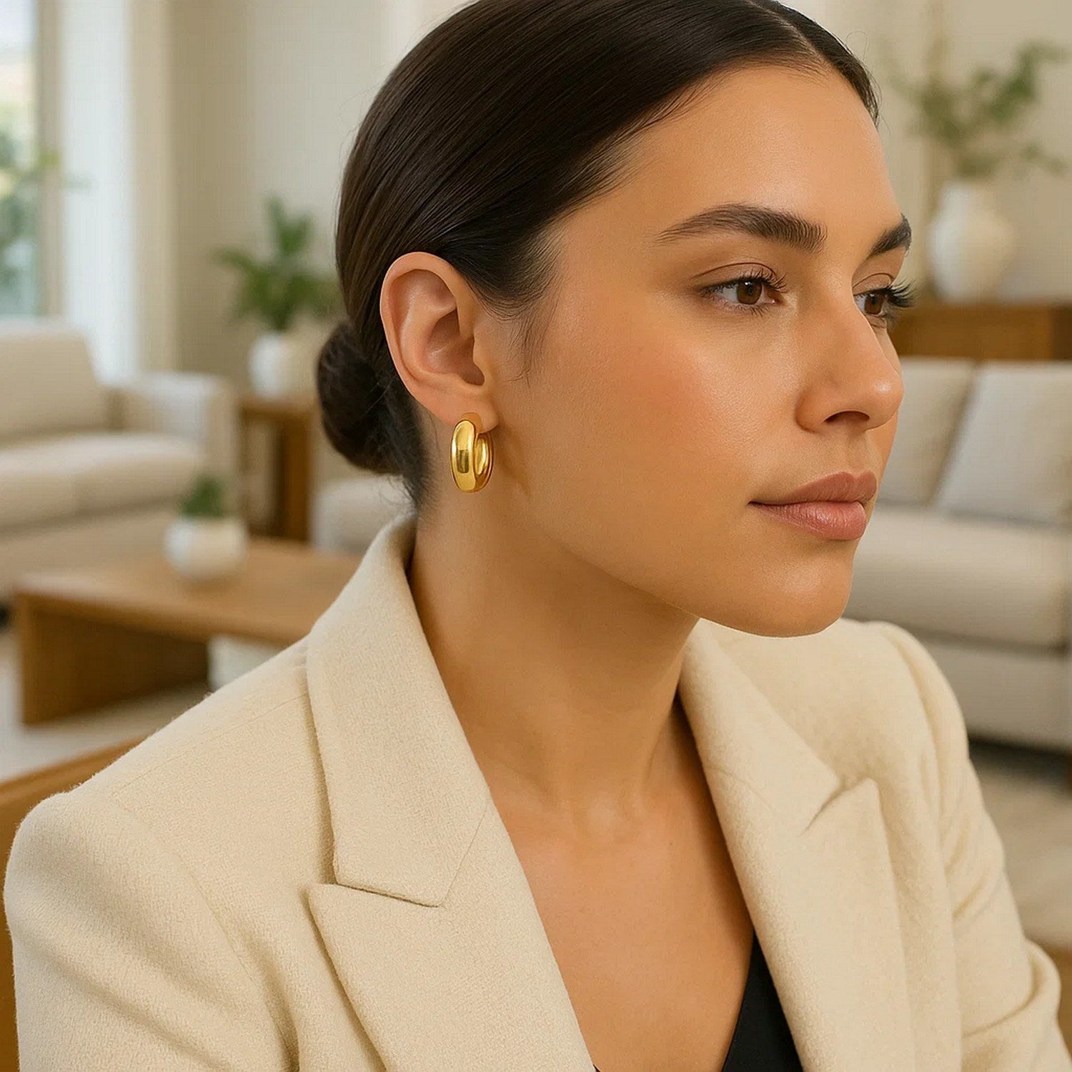 14k Yellow Gold Large Omega C Hoops