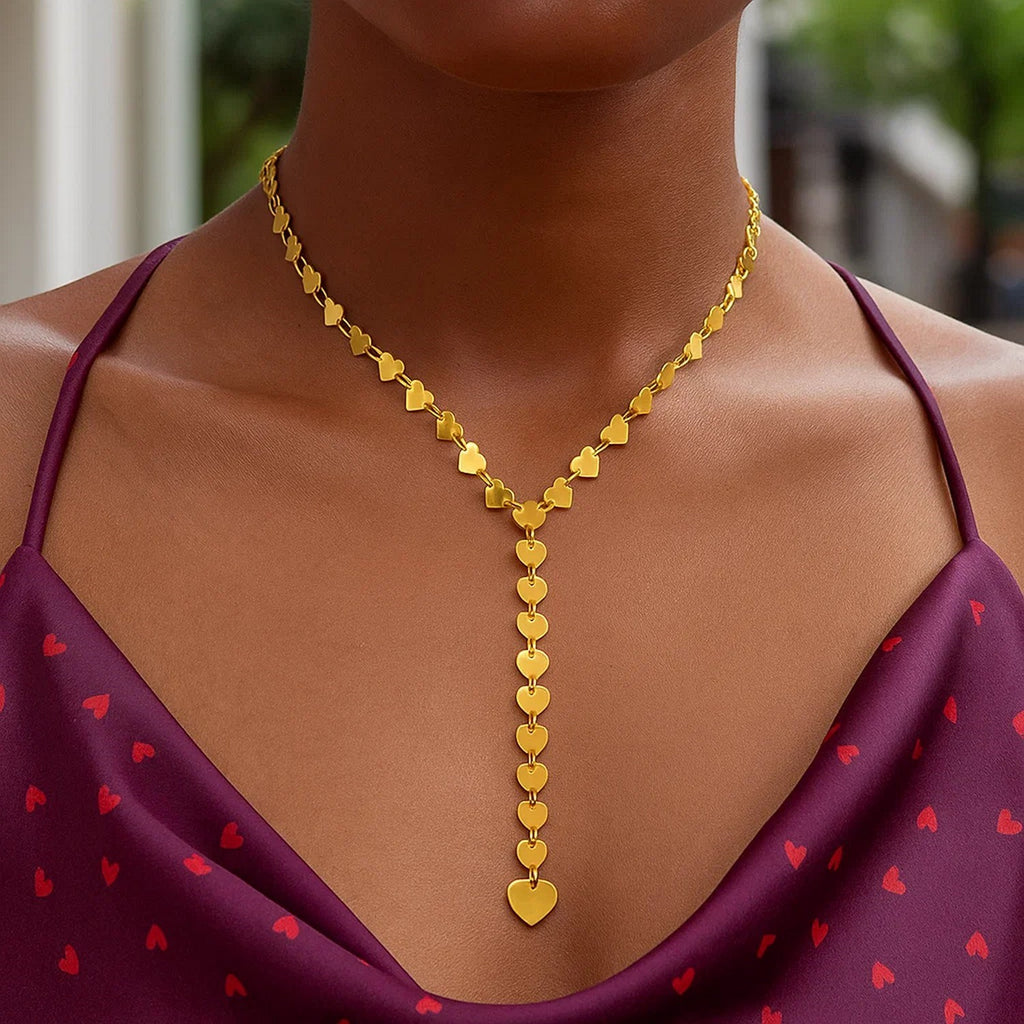 14k Yellow Gold Mirrored Heart Chain Lariat Necklace