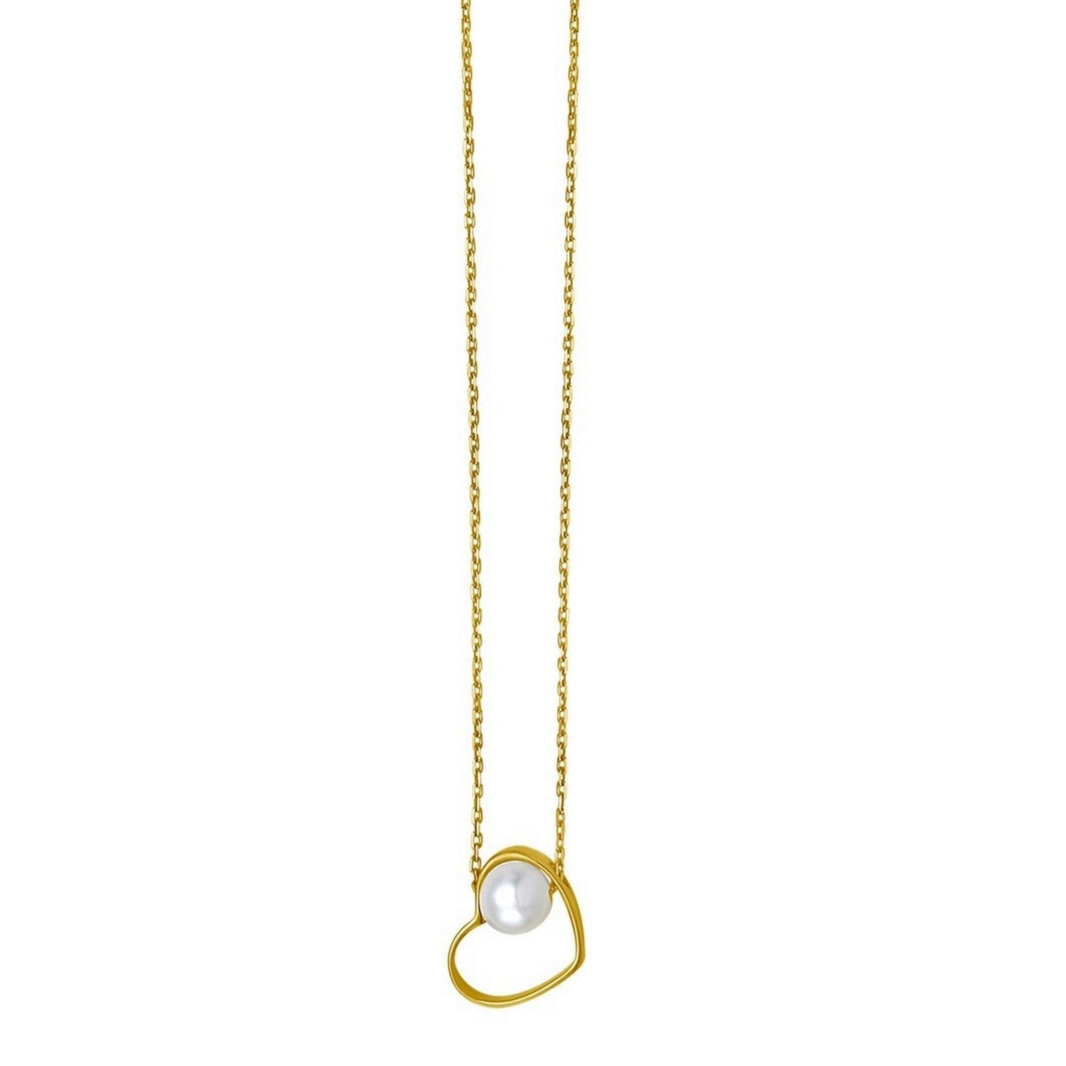 Open Heart and Pearl Necklace in 14K Yellow Gold