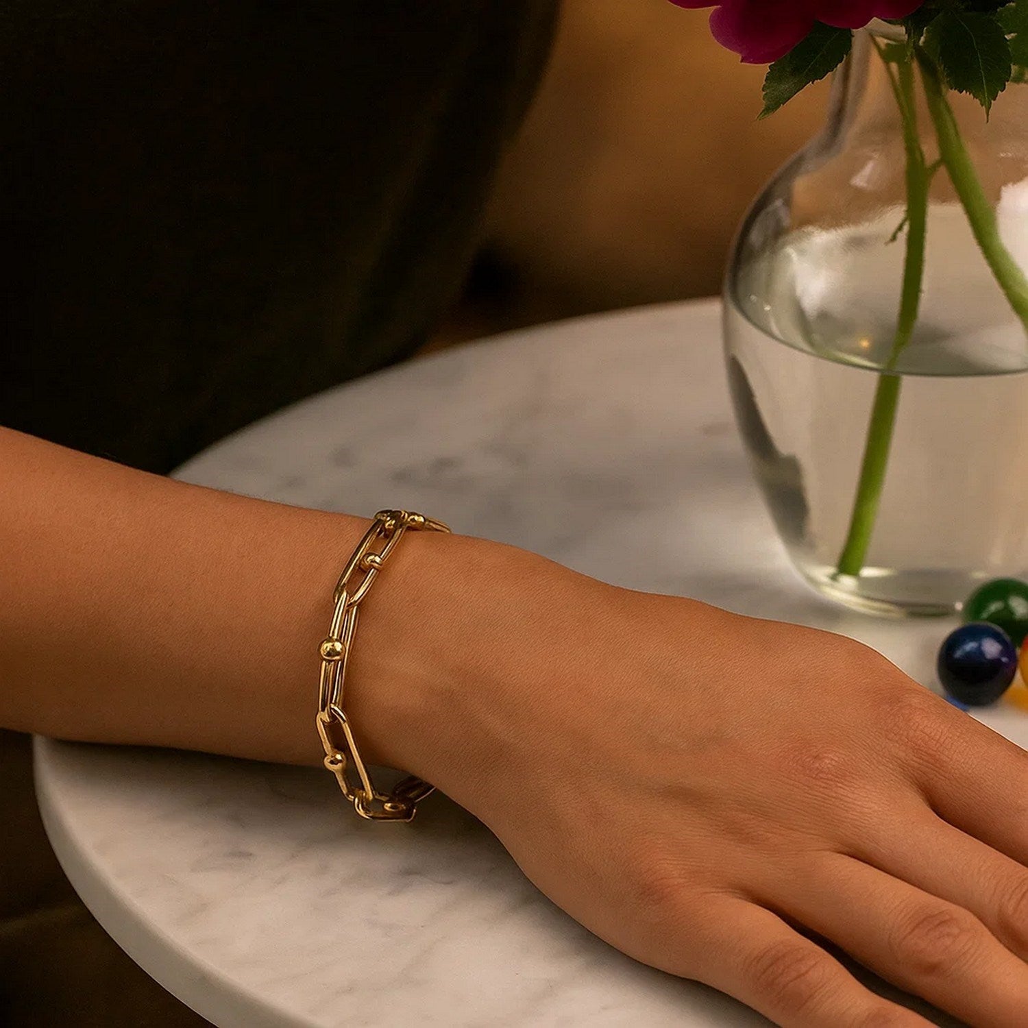 14k Yellow Gold 7 3/4 inch Beaded Oval Chain Bracelet (7.20 mm)